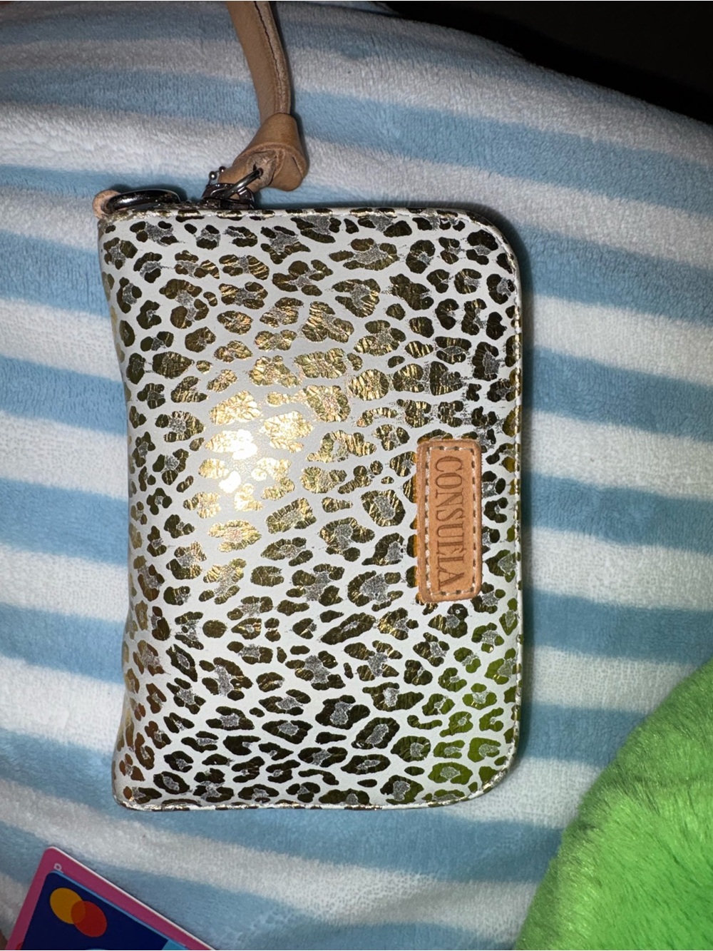 Consuela White and Gold Leopard Print Wristlet Wallet